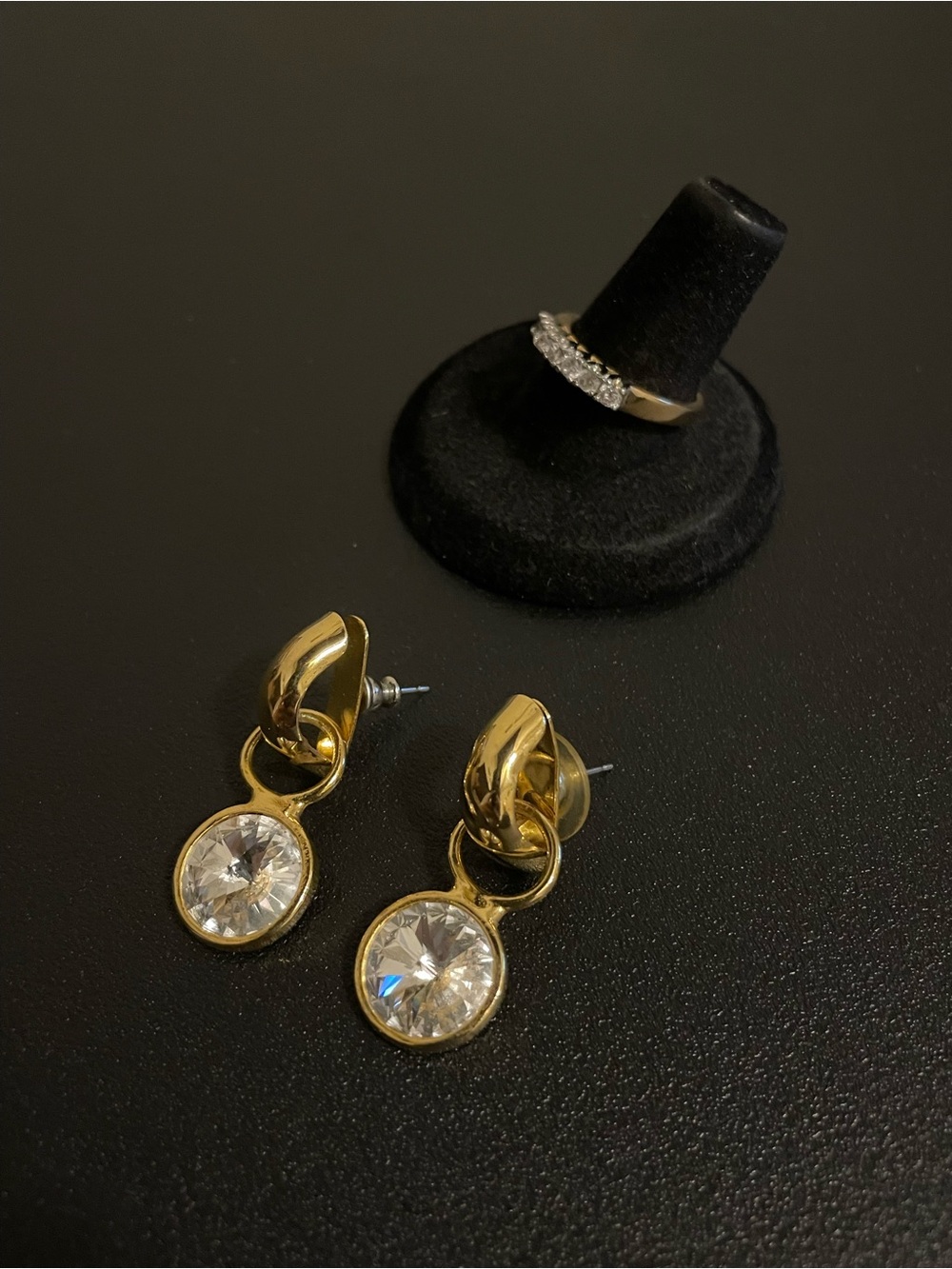 Gold-Tone Crystal Drop Earrings and Rhinestone Ring Set
